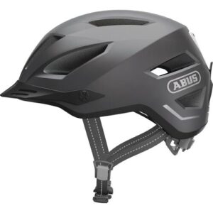 Grauer Fahrradhelm mit Belüftungsschlitzen und verstellbarem Verschluss.
