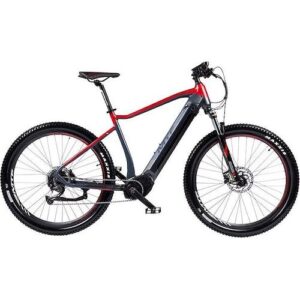 Rotes und schwarzes E-Mountainbike mit dicken Reifen und Federung.