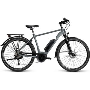 Graues E-Bike mit Elektromotor und Gepäckträger auf weißem Hintergrund.