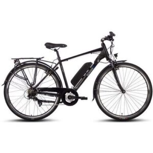 Schwarzes E-Bike mit Gepäckträger und mittigem Akku auf weißem Hintergrund.