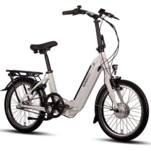 Weißes klappbares E-Bike mit tiefem Einstieg und Gepäckträger.