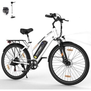 Weißes E-Bike mit Akku, Steuerelementen und schwarzem Zubehör.