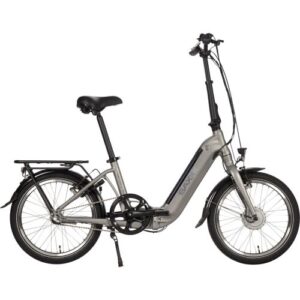 Silbernes Klapp-E-Bike mit tiefem Einstieg und Gepäckträger.