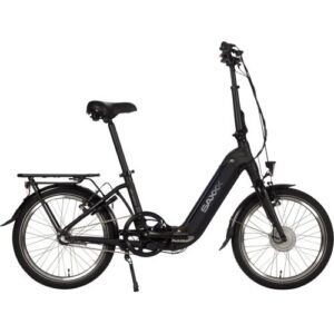 Schwarzes E-Bike mit faltbarem Rahmen seitlich fotografiert