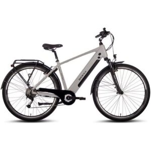 Modernes E-Bike mit Gepäckträger und Lichtern, seitliche Ansicht.