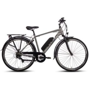 Graues E-Bike mit Gepäckträger und sichtbarem Akku an einem Ständer.