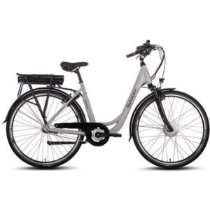 Graues City-Elektrofahrrad mit tiefem Einstieg und Gepäckträger aus seitlicher Ansicht.