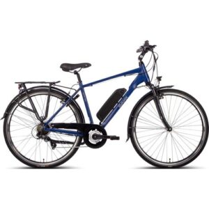 Blaues Elektrofahrrad mit Gepäckträger und schwarzem Akku an Seitenansicht.