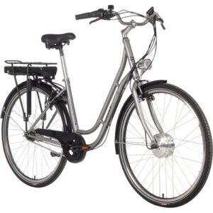 Silbernes E-Bike mit tiefem Einstieg und schwarzem Sitz.