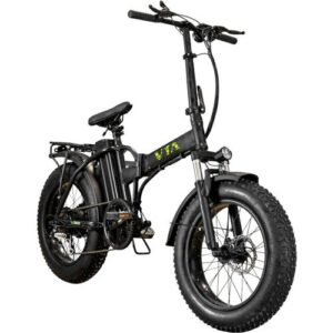 Schwarzes faltbares E-Bike mit dicken Reifen und Gepäckträger.
