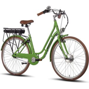Grünes E-Bike mit braunem Sitz und Gepäckträger.