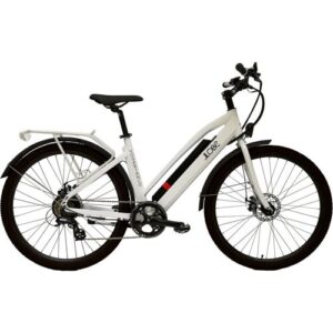 Weißes Elektrofahrrad mit schwarzem Rahmen und robusten Reifen.