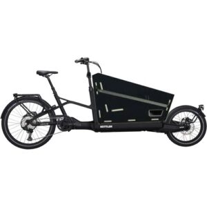 Schwarzes Lastenfahrrad Kettler mit großem Frontbereich und zwei Rädern.