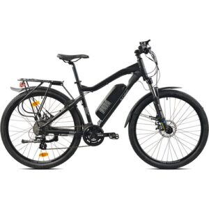 Schwarzes E-Mountainbike seitlich mit Elektroantrieb und Gepäckträger.