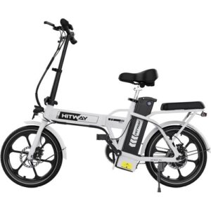 Weißes Klapprad mit Elektromotor und schwarzem Sattel auf weißem Hintergrund.