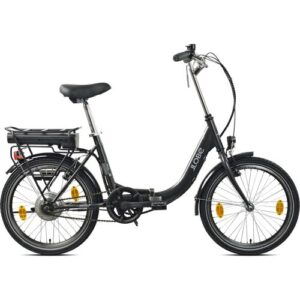 Schwarzes E-Bike mit tiefem Einstieg und Gepäckträger aus seitlicher Ansicht.