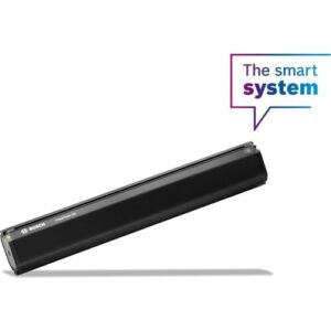 Schwarze Bosch PowerTube Batterie mit Text "The smart system" in Sprechblase.
