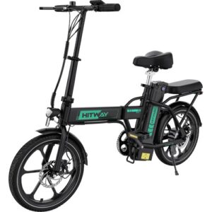 Schwarzes Klapprad mit Elektromotor und grünem Logo auf dem Rahmen