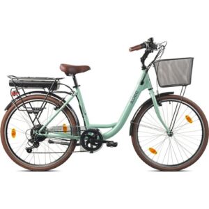 Mintgrünes E-Bike mit Korb und braunem Sattel im Seitenprofil.