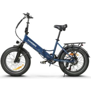 Klapprad E-Bike in blauer Farbe mit dickeren Reifen und Gepäckträger.