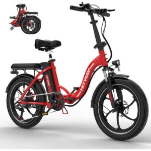 Rotes Hitway E-Bike mit Faltmechanismus und Akku, auf weißem Hintergrund abgebildet.