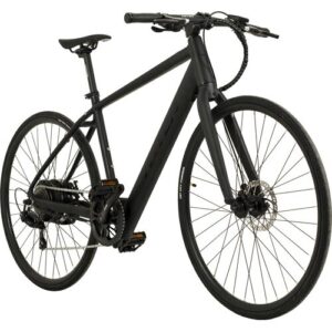 Schwarzes Fahrrad mit Scheibenbremsen und schmalen Reifen seitlich fotografiert.
