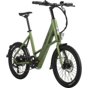 Grünes faltbares E-Bike mit dickem Rahmen und breiten Reifen.