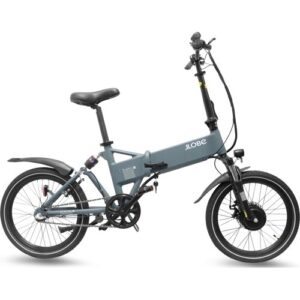 Graues faltbares E-Bike mit schwarzem Rahmen und ergonomischem Lenker.