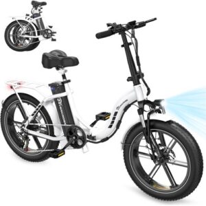 Weißes klappbares E-Bike mit Scheinwerfer und robusten Reifen.