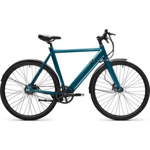 Modernes blaues E-Bike mit schlichtem Design und schwarzen Reifen.