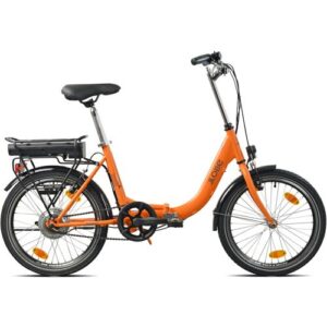 Orangefarbenes Klapprad mit Elektromotor und Gepäckträger, seitliche Ansicht.