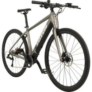 Graues E-Bike mit schwarzem Rahmen und Scheibenbremsen, seitliche Ansicht.
