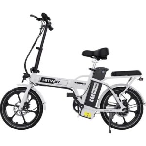 Weißes Faltrad E-Bike mit schwarzem Sattel und großen Felgen, seitliche Ansicht.