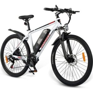 Ein weißes E-Bike mit schwarzen Reifen und elektrischer Unterstützung.