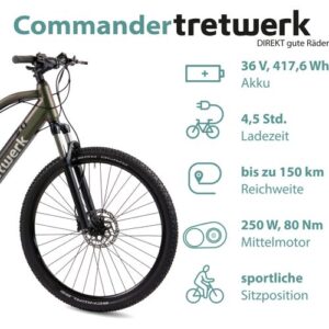 E-Bike mit Spezifikationen zu Akku, Reichweite und Motor angezeigt.