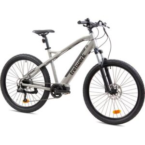 Graues Mountainbike mit dicken Reifen und Scheibenbremsen auf weißem Hintergrund.