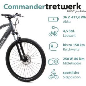 E-Bike mit technischen Spezifikationen und silbernem Rahmen.