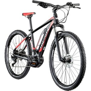 Schwarzes und rotes Mountainbike mit Scheibenbremsen und robustem Rahmen auf weißem Hintergrund.