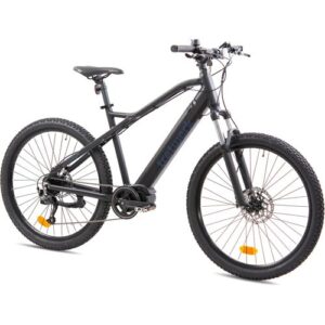 Schwarzes E-Bike mit dicken Reifen und Scheibenbremsen.