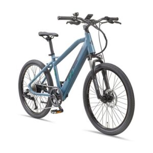 Modernes blaues Mountainbike mit dickem Rahmen und grobstolligen Reifen.