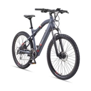 Blaues Mountainbike mit robustem Rahmen und dicken Reifen auf weißem Hintergrund.