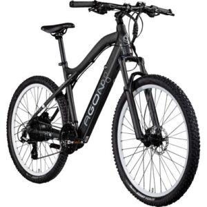 Schwarzes Mountainbike mit Federgabel, stabilem Rahmen und robusten Reifen.