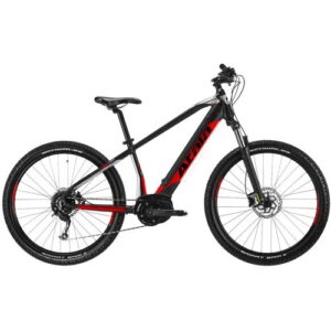 Schwarz-rotes E-Bike mit robusten Reifen und sportlichem Design in Seitenansicht.