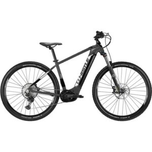 Schwarzes E-Mountainbike mit robustem Rahmen und geländetauglichen Reifen.