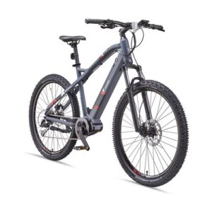 Mountainbike in Grau, seitliche Ansicht, auf weißem Hintergrund.