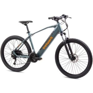 Blaues E-Mountainbike mit dickem Rahmen und gelber Aufschrift auf weißem Hintergrund.