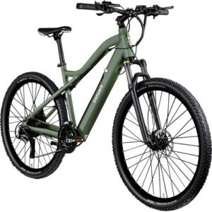 Grünes Mountainbike mit breiten Reifen und Shimano-Komponenten vor weißem Hintergrund.