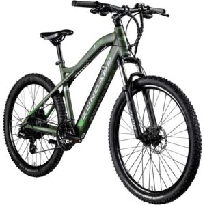 Grünes Zündapp E-Mountainbike auf weißem Hintergrund, seitlich betrachtet.