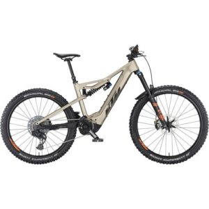 Elektro-Mountainbike mit robustem Rahmen und dicken Geländereifen seitlich abgebildet.
