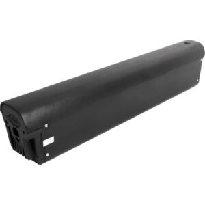Schwarzes zylindrisches E-Bike-Akku-Pack mit Anschluss am Ende.